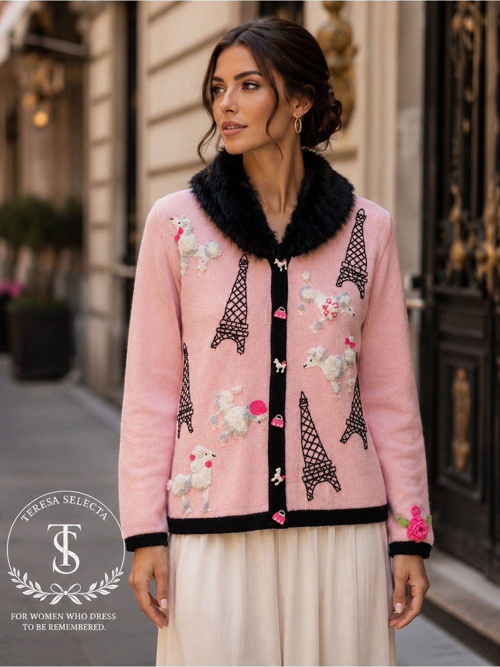 🐩🌺 Vintage Storybook Knits Pink Paris Poodle Eiffel Tower Cardigan Sweater